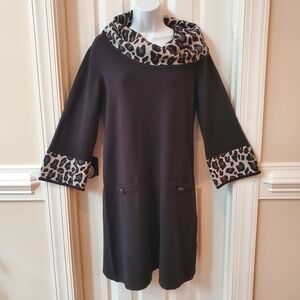 Sophiticated Jessica Howard Black Sweater Dress with Animal Print Accents Sz L